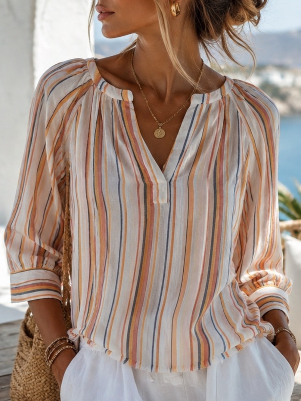 LIVERPOOL Los Angeles Striped Cotton Raglan Blouse Size L NWT